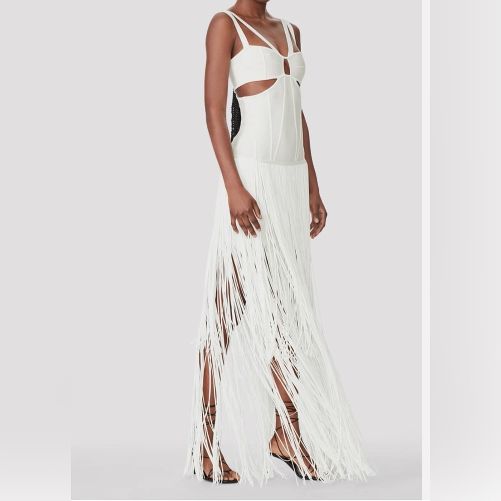 Herve Leger Paris Women's Ivory Fringe Cutout Strappy Dress Size S NWT - Picture 3 of 7